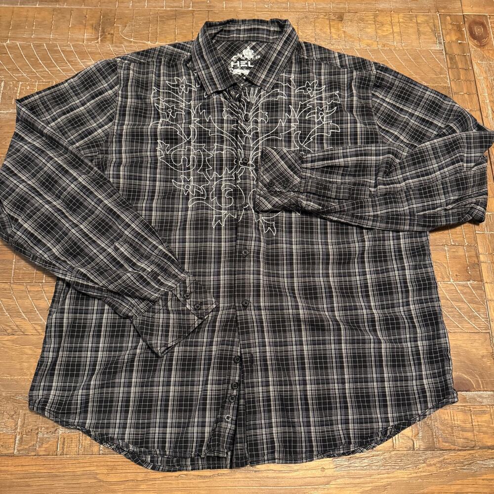 Helix Mens XXL Plaid Button Up Shirt Embroidered Chest Y2K Grunge Black White